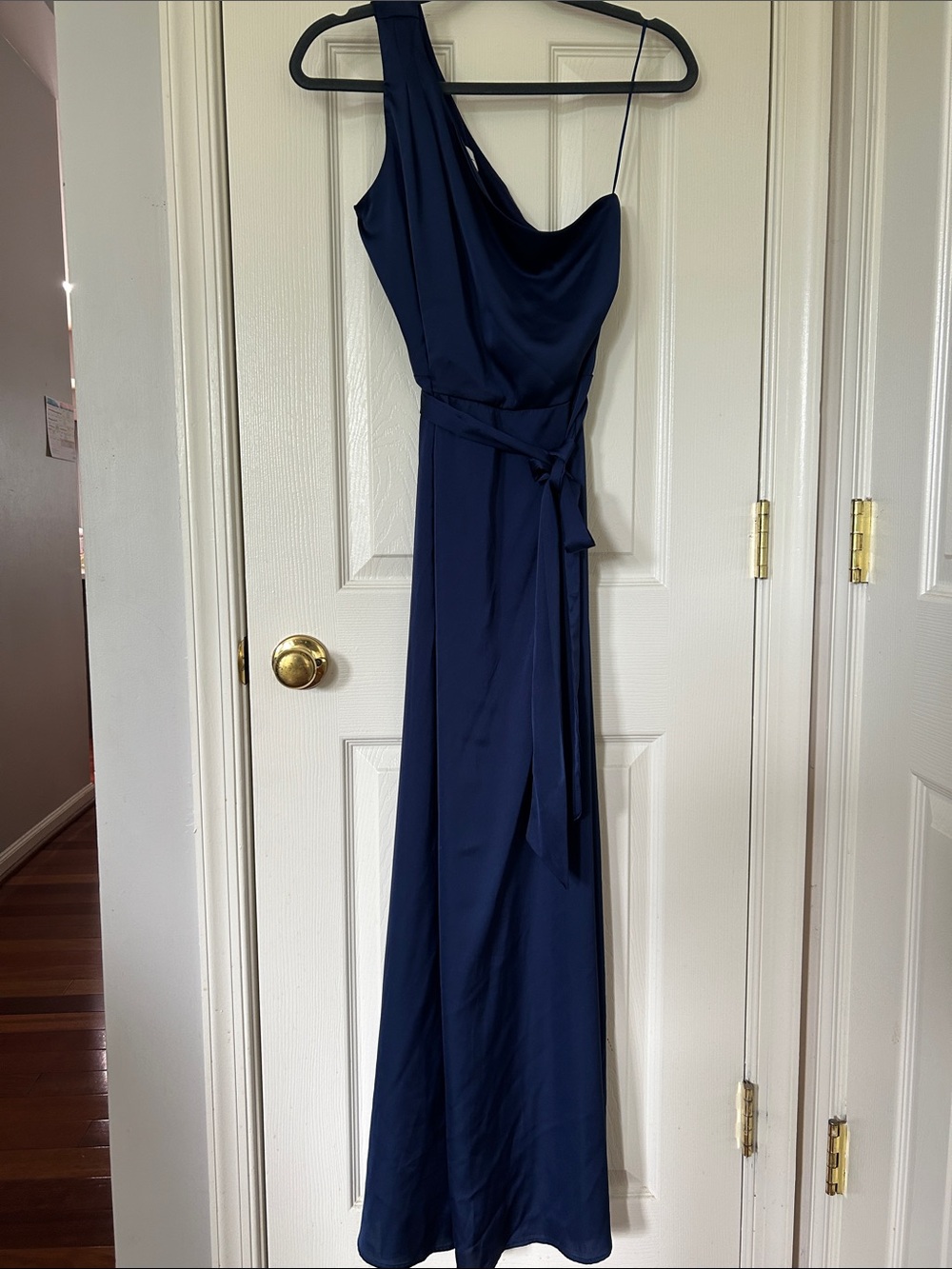 Nicole Miller Navy One-Shoulder Satin Gown